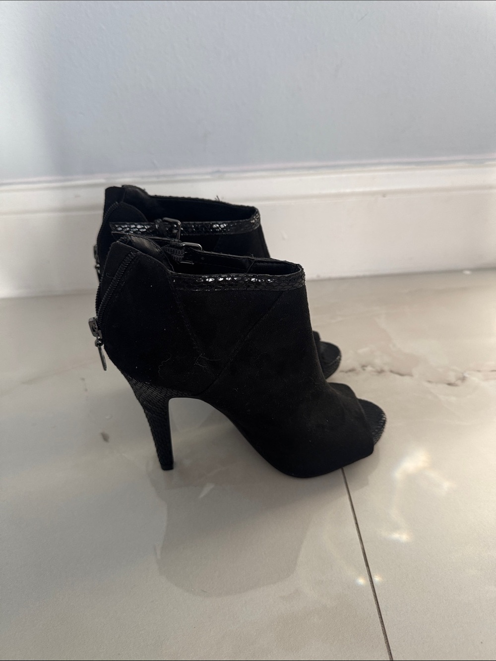 GBG Los Angeles Black Peep-Toe Suede Ankle Booties